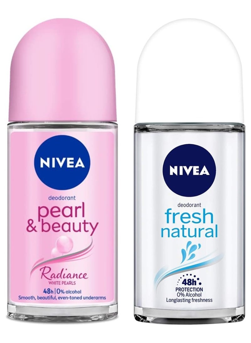 نيفيا مزيل عرق نيفيا للنساء، رول أون، بيرل آند بيوتي لإشراقة ونعومة وتوحيد لون منطقة تحت الإبط، 50 مل، ومزيل عرق نيفيا رول أون، فريش ناتشورال للجنسين، 50 مل. - Image 1